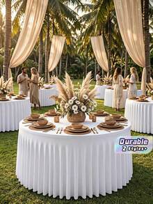 1pc White Stretch Spandex Tablecloth – Wrinkle Resistant Washable Fitted Table Cover For Dining, Wedding, Banquet, Party (Rectangle, Frame Not Included) - Round white - View 1