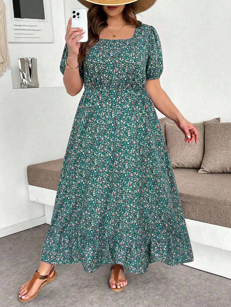 SHEIN Clasi Vestido de Talla Grande con Estampado Floral, Cuello Cuadrado y Bajo con Volantes - Verde Oscuro - Añade 6