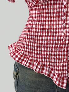 Sunspun Plus Size Women's Plaid Shirred Design Summer Commute Vacation Shirt - Multicolor - View 5