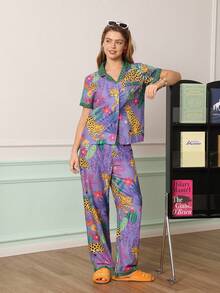 Chillnights Young Fashion Vibrant Fun Leopard & Tropical Plant Print Collared Button-Front Women's Pajama Set - Multicolor - View 4