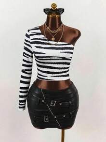 Mistrie Summer One-Shoulder Long Sleeve Zebra Print Cropped Fitted Top - Multicolor - View 5