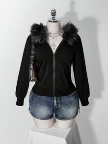 SHEIN ICON 大尺碼女款 Y2K 復古毛領拼接休閒運動外套夾克，附口袋 - 黑色 - 查看 1
