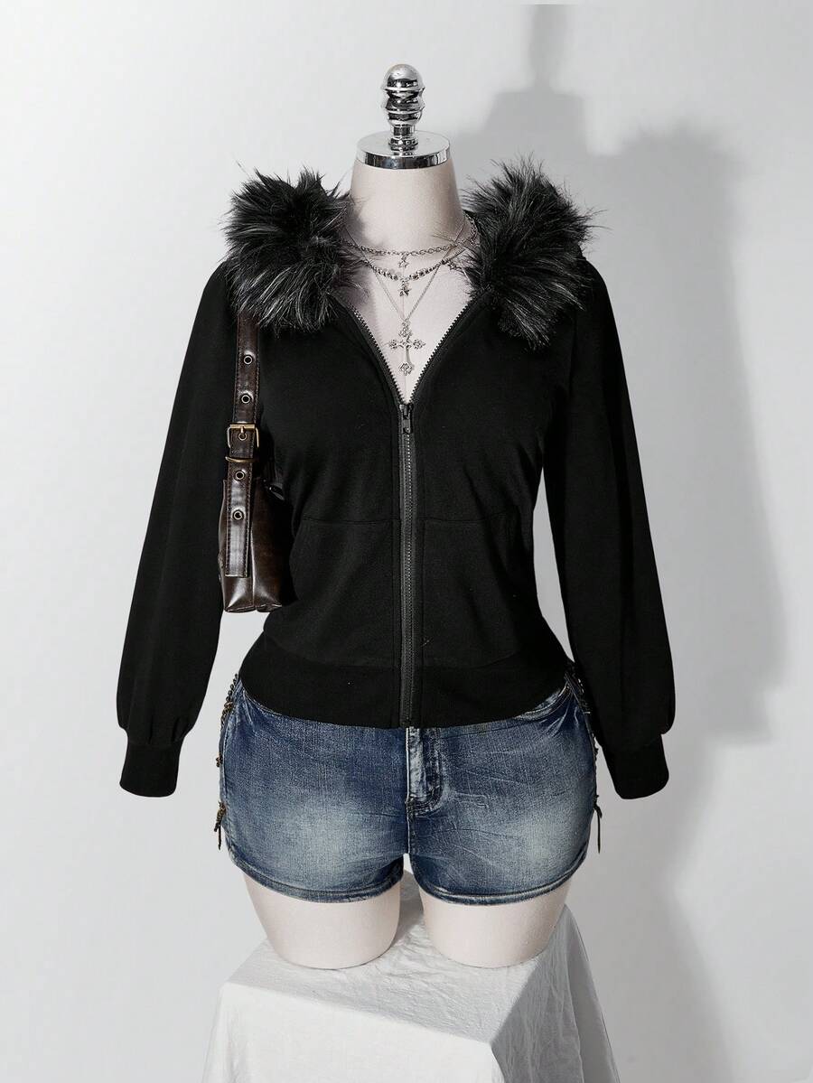 SHEIN ICON 大尺碼女款 Y2K 復古毛領拼接休閒運動外套夾克,附口袋 - 黑色 - 查看 1