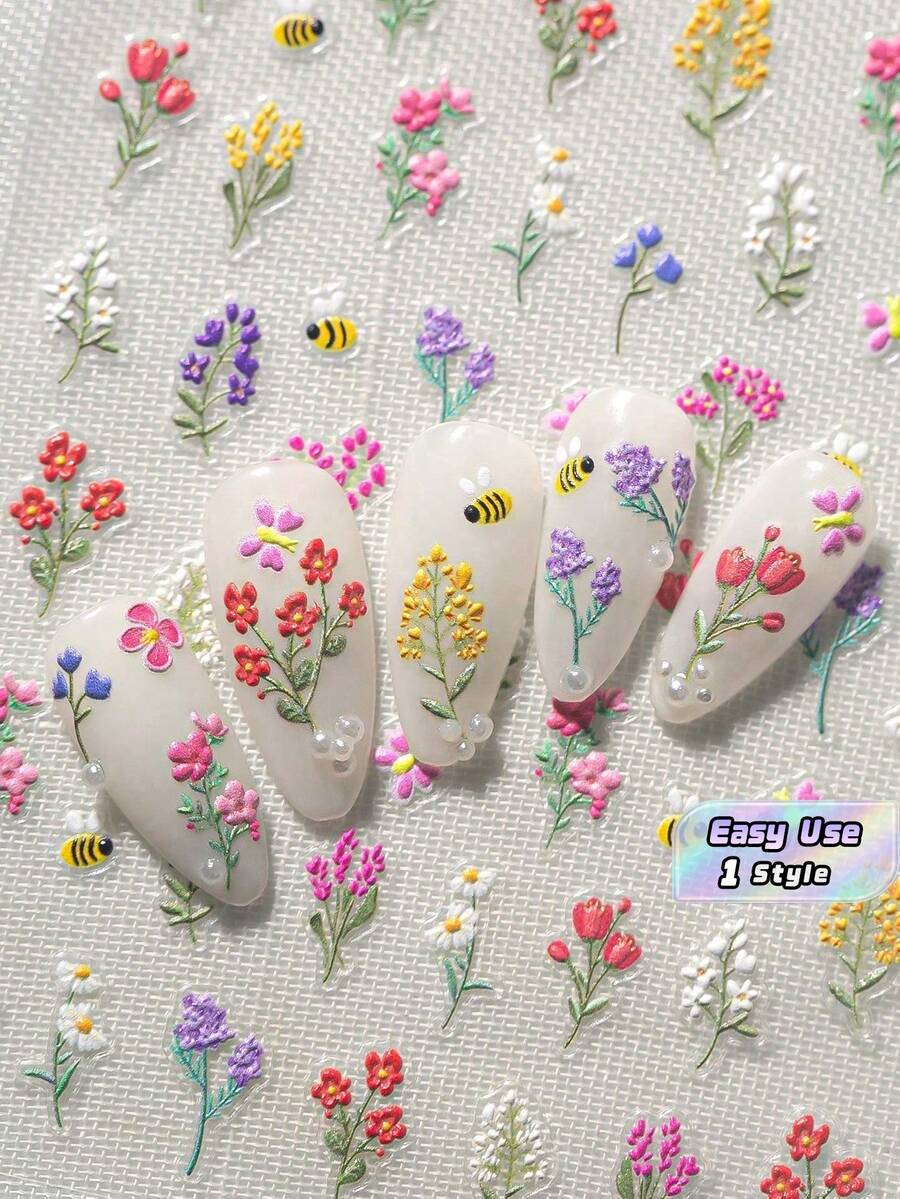 1 Set Spring/Summer Floral Themed Nail Art Stickers, Featuring Various Blooming Flowers, Daisies, And Floral Patterns With Branches, Suitable For Women, Girls, Family And Personal DIY Use - Multicolor - View 1