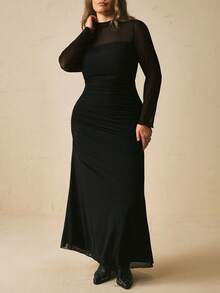 Freevana Plus Size Women's Stand Collar Mesh Patchwork Casual Daily Wear Dress Fall - Black - View 6
