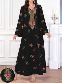 Al Najma 女士优雅印花阿拉伯风格 V 领长袖连衣裙 - 黑色 - 查看 1