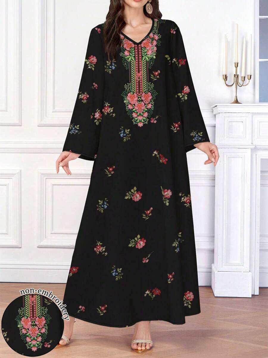 Al Najma 女士优雅印花阿拉伯风格 V 领长袖连衣裙 - 黑色 - 查看 1