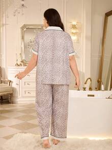 MuseNap CURVE Plus Size Leopard Print Puff Crinkle Lapel Front Open Short Sleeve Pants Pajama Set - Mocha Brown - View 3