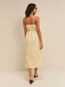 lacRébo Pale Yellow Embroidered Loose Fit Square Neck Midi Dress With Strap At The Waist Summer Holiday Cute French Elegant Cotton Blended Brunch Vacation - Light Yellow - View 2