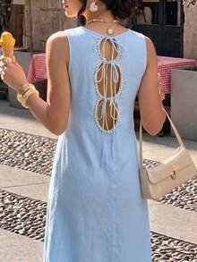 Elenzga Women's Spring/Summer Exquisite Elegant Romantic Casual Baby Blue Bead Bowknot Design Sleeveless Fitted Slim Fit Flared Long Dress Brunch Vacation - Sky Blue - View 2