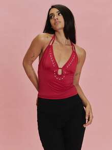 MUSERA Red Slinky Embellished Double Strap Halterneck Top Summer Holiday Ibiza Festival Black Lotus - Red - View 6