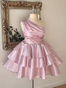 Lovelzi Luxury Plus Size Elegant Pink Shiny Satin Asymmetric Neck Ruched Rhinestone Chain Cinched Waist Three-Layer Tiered Skirt Party Short Prom Dress - Pink - View 7