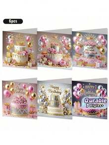 6入組DIY鑽石畫生日賀卡套裝附信封，浪漫粉色蛋糕與氣球主題明信片，獨特手工生日祝福卡，適合長輩家人朋友，表達愛意與溫馨情懷的完美禮物 - 彩色 - 查看 1