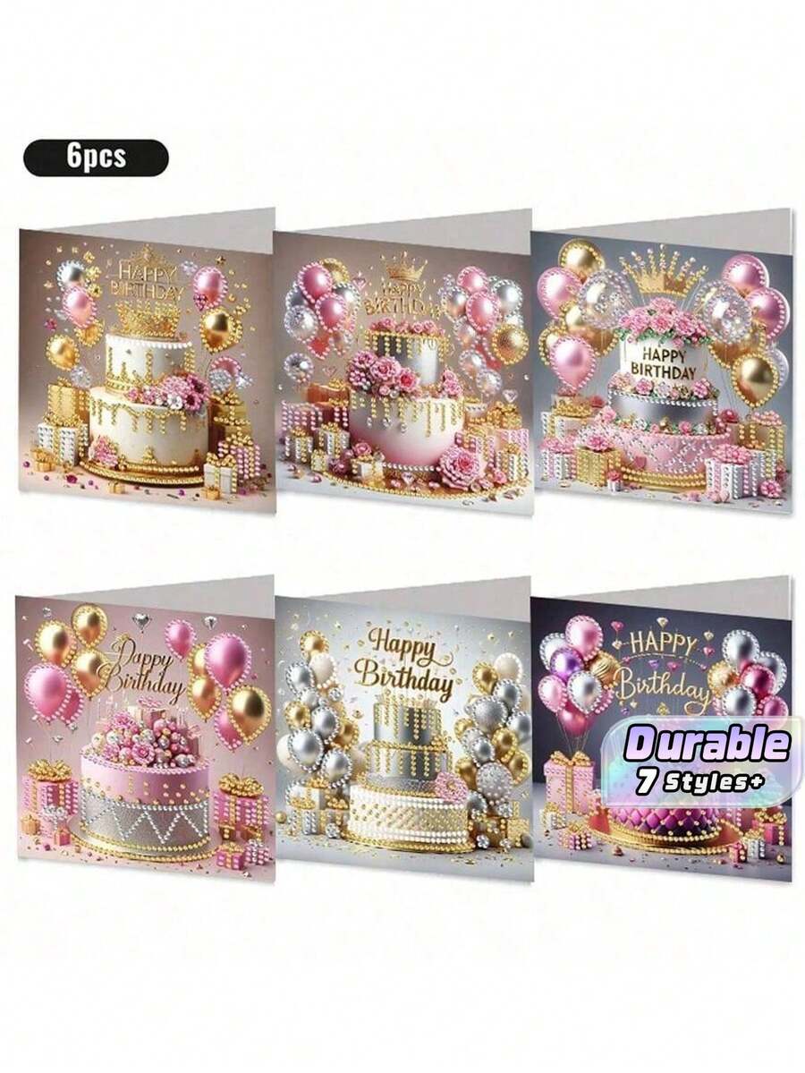 6入組DIY鑽石畫生日賀卡套裝附信封,浪漫粉色蛋糕與氣球主題明信片,獨特手工生日祝福卡,適合長輩家人朋友,表達愛意與溫馨情懷的完美禮物 - 彩色 - 查看 1