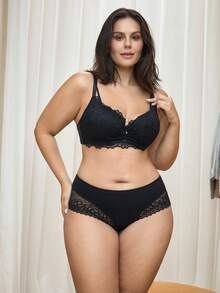 Bralution Plus Size Black Plain Contrast Lace High Waisted Panties With Medium Stretch Fabric For Women - Black - View 7
