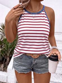 EMERY ROSE Plus Size Women's Faux Denim Print Casual Versatile Striped Halter Neck Tank Top - Multicolor - View 5