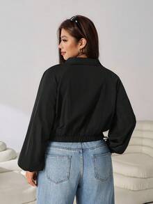 Solflare Autumn New Plus Size Women's Solid Color Raglan Long Sleeve Zip-Up Jacket Go Back To School Hiking Rodeo Cowboy - Black - View 3