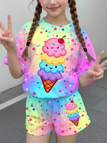 少女休閒極簡可愛夏季冰淇淋圖案，彩色波點紮染印花，甜美奶油風，度假風，短袖與短褲兩件套，適合夏季，圖案設計，舒適，女孩套裝，Y2K，Kawaii - 彩色 - 查看 2