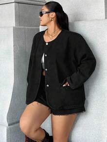 Rivivi Plus Size Women's Outdoor Large Pocket Button-Up Denim Jacket - Black - View 7