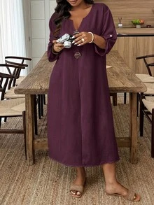 Weeklong Plus Size Casual Vacation Button Decor Dress - Maroon - View 6