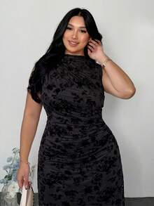Firerie Plus Size Spring/Summer New Arrival Stand Collar Sleeveless Ruched Flared Hem Elegant Romantic Date Tea Party Cocktail Graduation Dress Casual Commute Stretch Ruched Sleeveless Dress For Women - Black - View 7
