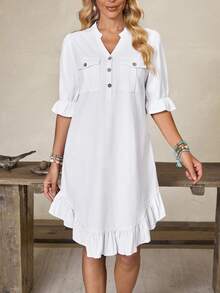Breezaya Women's Button-Front V-Neck Utility Pocket Casual Denim Dress - White - View 10