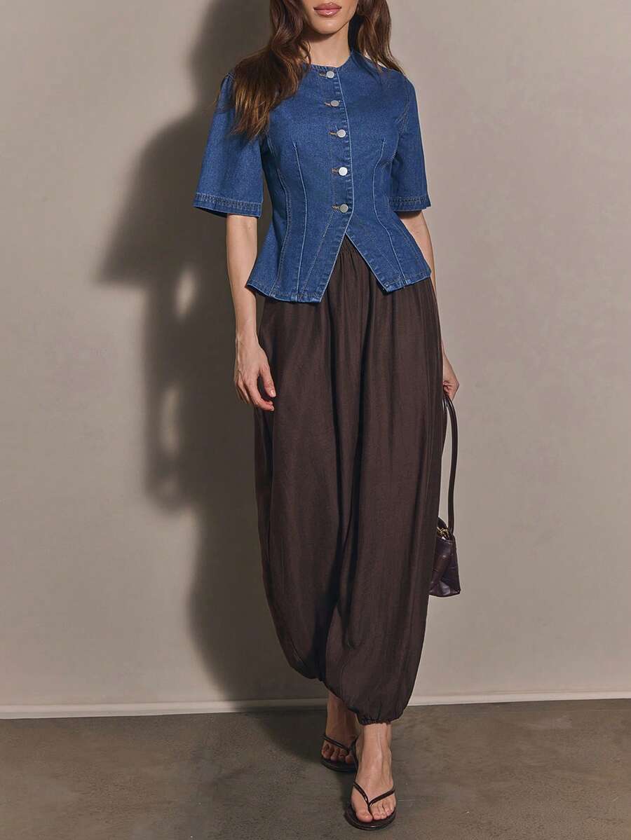 COSMINA Denim 女款短袖單排扣休閒牛仔襯衫 - 藍色 - 查看 1