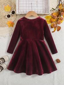 Emery Rose Kids Emery Rose Kids 女童酒紅色長袖洋裝，適合小女孩，聖誕閃亮波爾多紅派對冬季假期禮服 - 酒紅色 - 查看 2