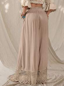 Wildy Boho Sexy Western Country Lace Patchwork Women's Spring/Summer Daily Basic Loose Wide Leg Long Pants With Pockets Beach Beige Light Blue - Khaki - View 2