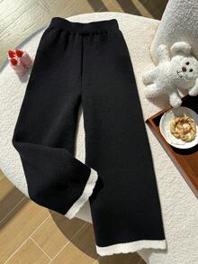 SHEIN 青少年女孩針織長褲，秋冬款黑白對比色長版喇叭褲，基礎寬鬆休閒風，適合上學、旅行與告別場合 - 黑色 - 查看 4