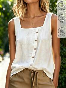 SHEIN Holidaya Women's Summer Casual Vacation White Square Neck Asymmetric Button Slit Textured Sleeveless Tank Top, Single-Breasted Asymmetrical Hem Blouse, Square Neck Asymmetric Button Tank, Slit Hem Shirt, Elegant, Fresh, Fashionable, Romantic, High-End, Urban Street Style, Daily Dating, Afternoon Tea Gathering, Vacation Travel, Romantic Party, Daily, Beach, Women's Elegant Top, Women's Summer Shirt, White Casual Shirt, Versatile, Commute, Meeting, Business Negotiation, Daily Office, Evening Party, Graduation Ceremony, Urban Teacher Professional Attire - White - View 5