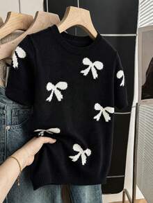 Weeklong Plus Size Women's Spring/Autumn Casual Style Minimalist Versatile Bow Jacquard Round Neck Short Sleeve Cropped Loose Knit Top Fall - Black - View 5