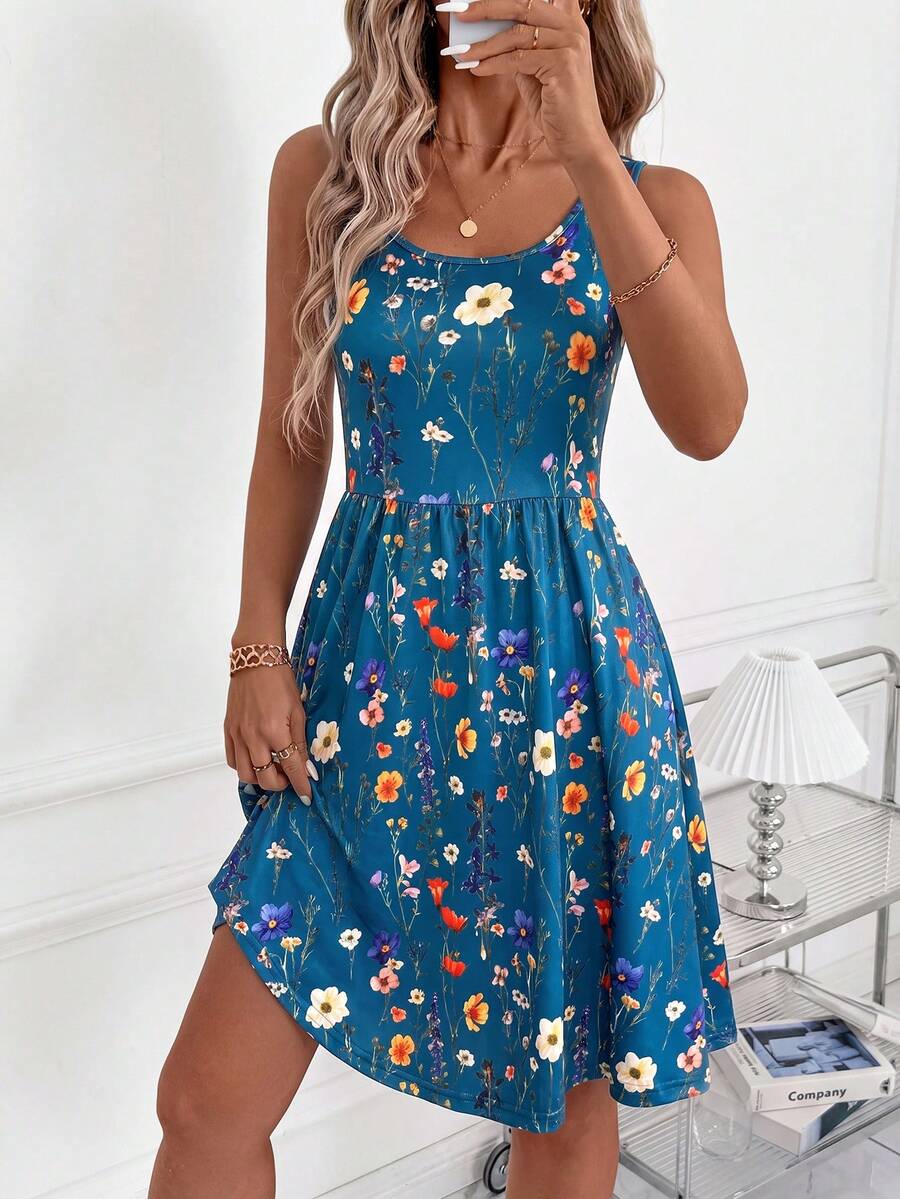 SHEIN Clasi 女款新款優雅U領收腰顯瘦花卉印花度假洋裝,適合日常穿著 - 墨綠色 - 查看 1