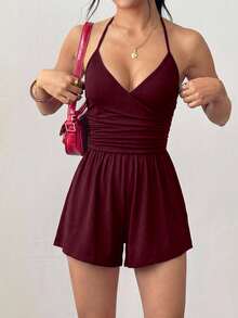 Flirla Casual Streetwear Cross Deep V-Neck Spaghetti Strap Tie-Knot Jumpsuit - Burgundy - View 3