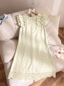 Sparklyn Vestido midi de estilo dulce primaveral para niñas preadolescentes, primavera/verano, playa tropical, con lazo 3D, cuello redondo, sin mangas, volantes y mangas acampanadas - Amarillo - Ver 4