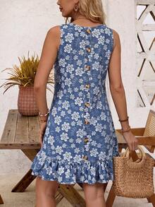 EMERY ROSE Summer Casual Jacquard Ruffle Hem Denim Dress - Blue - View 9