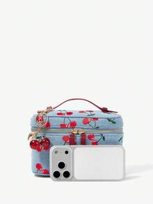 Viva Strut Ladies, Women Cherry Embroidery Cherry Pendant Top Handle Bag, Crossbody Bag, Fashionable, Personalized, Simple, Versatile, Street, Sweet And Cool Girls, Hot Girls, Y2k, For Date, Daily, Shopping, Party, Prom, Club, Date, Birthday, Evening, Date Nigh - denim blue - View 5
