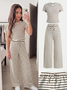 SHEIN Kids Tween Girl Striped Colorblock Crew Neck T-Shirt And Drawstring Waist Loose Pants Set - Black and White - View 2