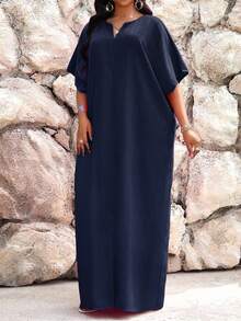 SHEIN Lady Robe Kaftan à manches chauve-souris ajourées verte Automne/Hiver Grande Taille Tenue de Vacances Femme Vêtement de Plage Robe de Vacances à la Plage Robe d'Invitée de Mariage Tenue Décontractée Professionnelle Vêtement Femme Robe de Soirée - Bleu marine - Voir 5