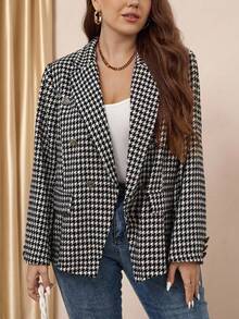 Comfylo Talla grande Blazer con estampado de pata de gallo de doble botonadura - Blanco y Negro - Ver 1