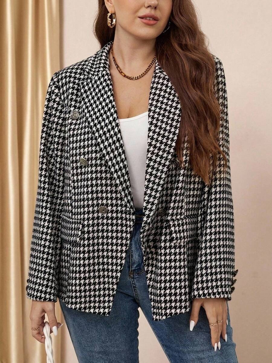 Comfylo Talla grande Blazer con estampado de pata de gallo de doble botonadura - Blanco y Negro - Ver 1
