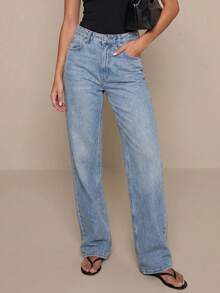 RueChic Quần Jeans Denim Ống Thẳng Khóa Kéo 100% Cotton - Màu xanh lam - Xem 1