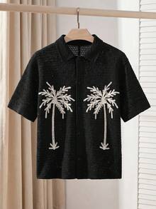 SWAVVY Men's Coconut Tree Pattern Casual Versatile Daily Wear Knit Top - Black - View 6