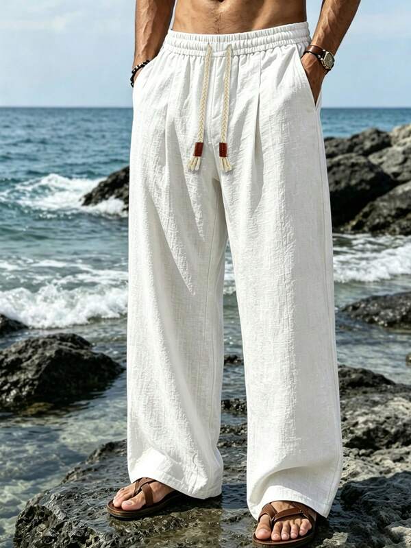Maristyn Men's New White Linen Beach Pants, Casual Home Wear, Versatile Comfortable Easy-To-Wear Pants For Men