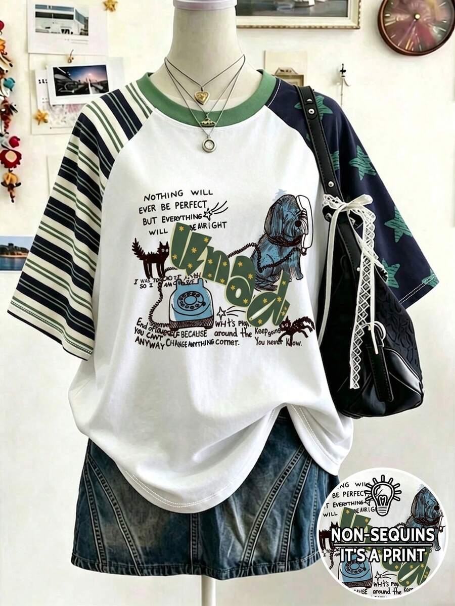 Collagica Collagica 女款休閒戶外夏季短袖T恤，寬鬆版型，多色條紋印花搭配電話小狗圖案，綠色與白色，適合返校季、教師節、購物與街頭穿搭 - 彩色 - 查看 1