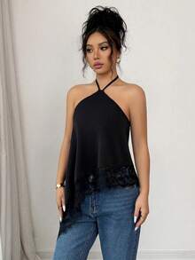 Elenzga Plus Size Solid Black Satin Halter Tie Backless Lace Patchwork Asymmetrical Hem Cami Tank Top Women Summer Going Out Top - Black - View 3