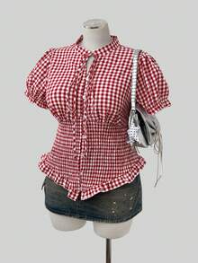 Sunspun Plus Size Women's Plaid Shirred Design Summer Commute Vacation Shirt - Multicolor - View 6