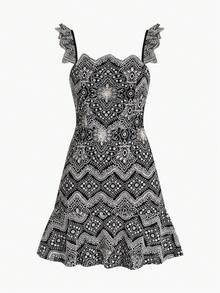 MOTF PREMIUM VESTIDO CORTO PARA MUJER CON MANGAS DE CAPA, BORDADO HUECO Y ROMÁNTICO PARA VACACIONES - Azul Marino - Ver 3