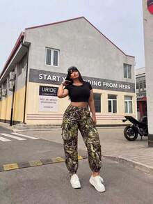 POPSWAY Plus Size Casual Camouflage Print Multi-Pocket Drawstring Cargo Pants - Multicolor - View 6
