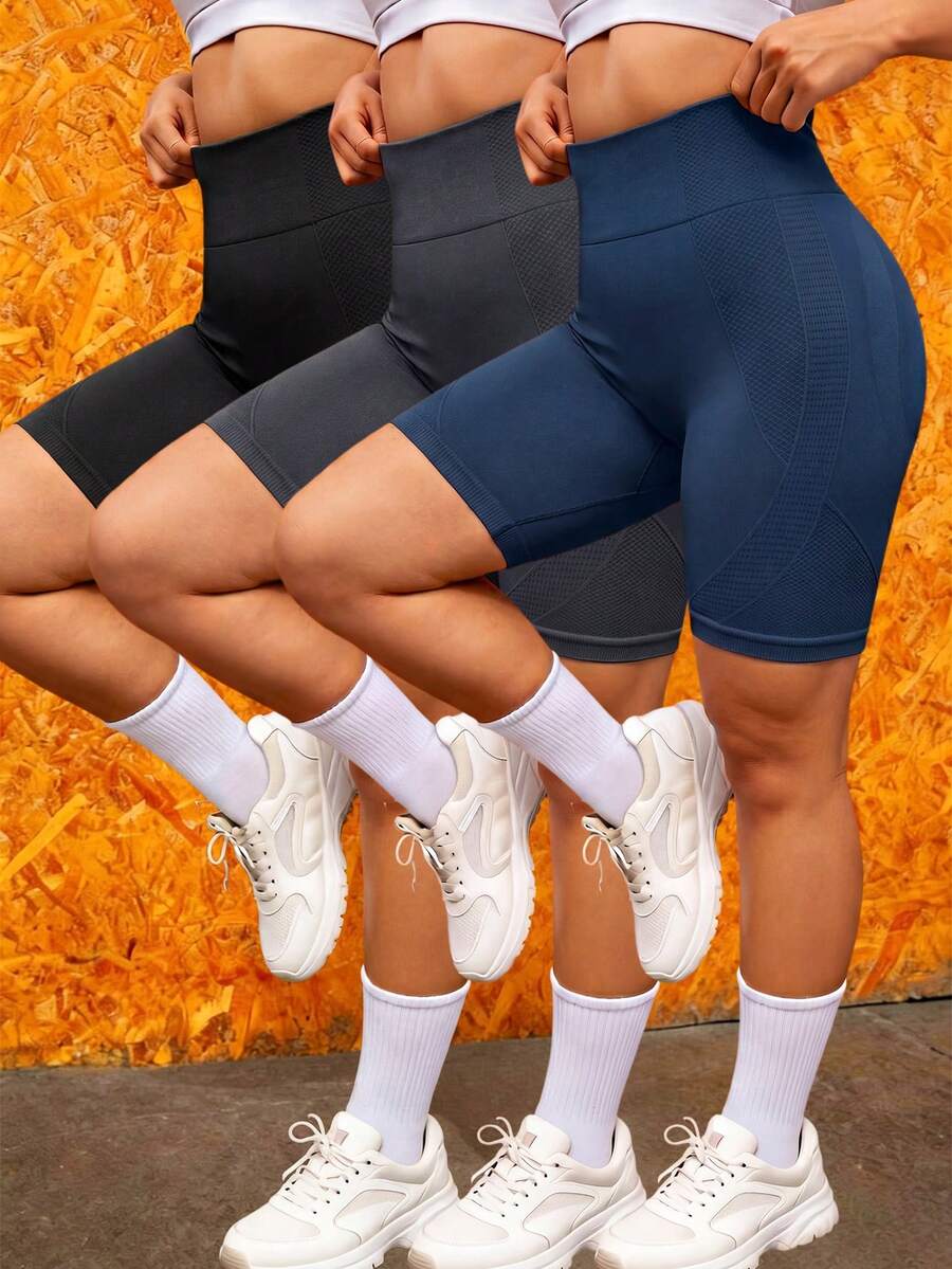 SHEIN Velisys 1pc Plus Size Black Bermuda Knit Seamless Comfortable Elastic Yoga Running Cycling Fitness Outdoor Casual Wear Tight Shorts Suitable For Spring Summer Autumn Winter - Multicolor - View 1